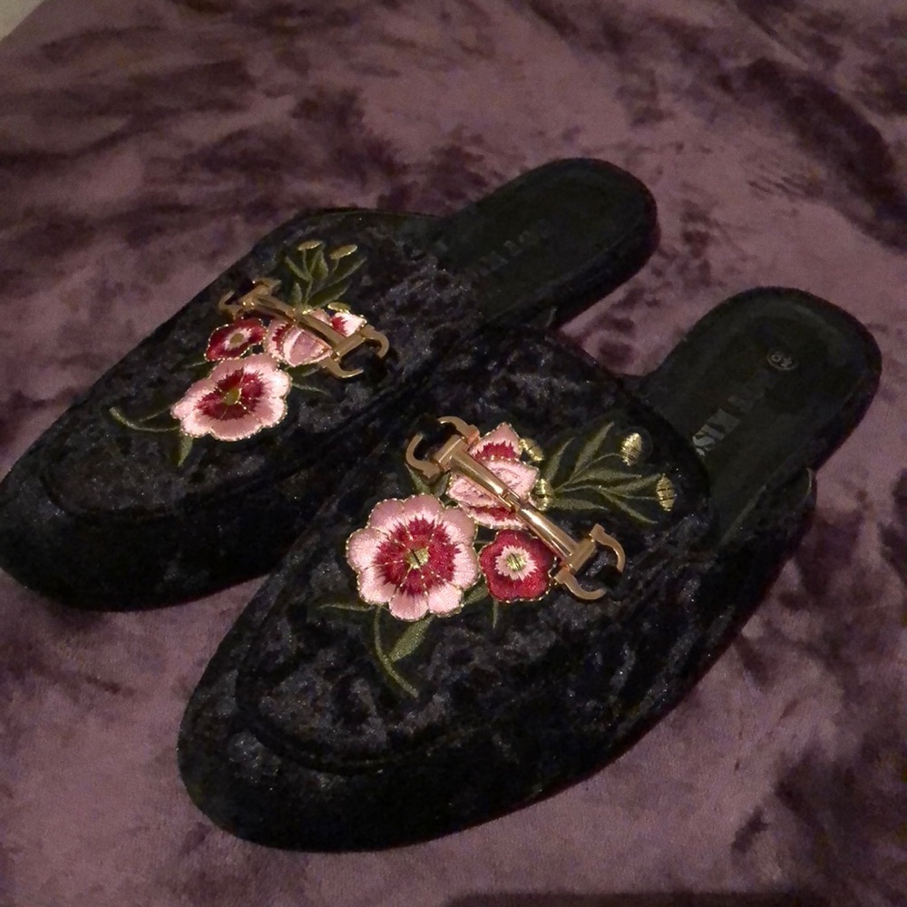velvet slip on floral loafers